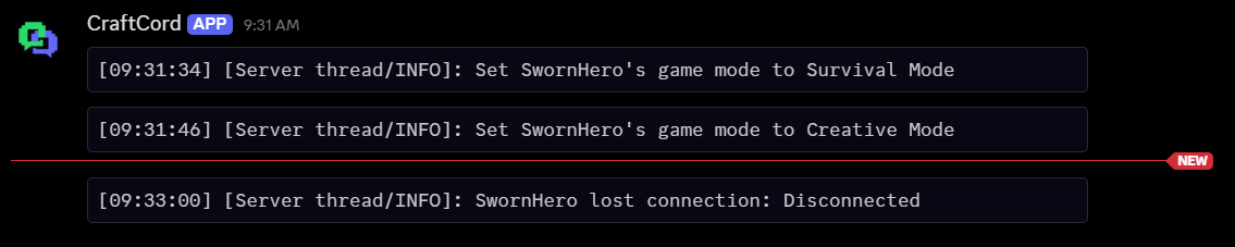 Discord #server-console channel showing game mode changes to Survival and Creative, then the player losing connection.