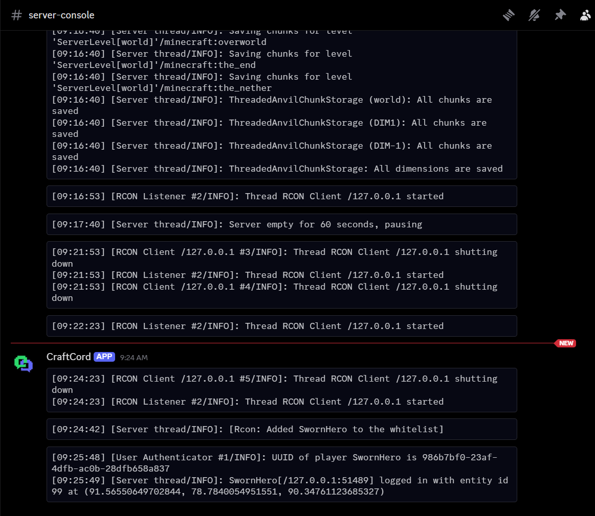 Discord #server-console channel showing world save lines, RCON threads, “Added SwornHero to the whitelist”, and the player logging in.