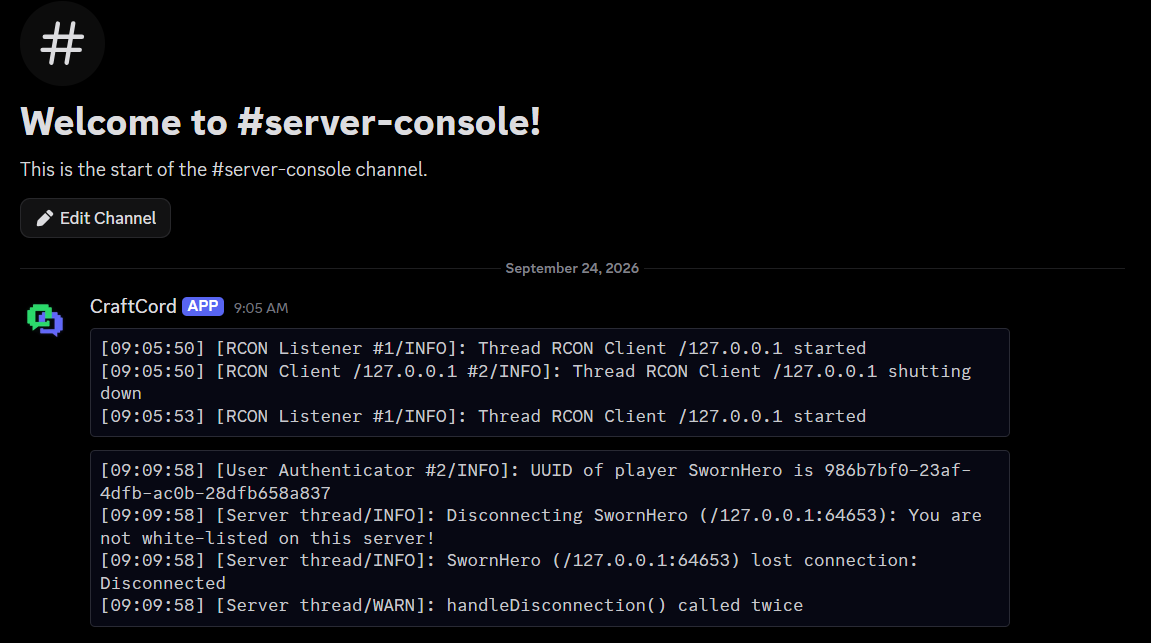 Discord #server-console channel with mirrored Minecraft console lines: RCON client threads starting and a player being disconnected for not being on the whitelist.